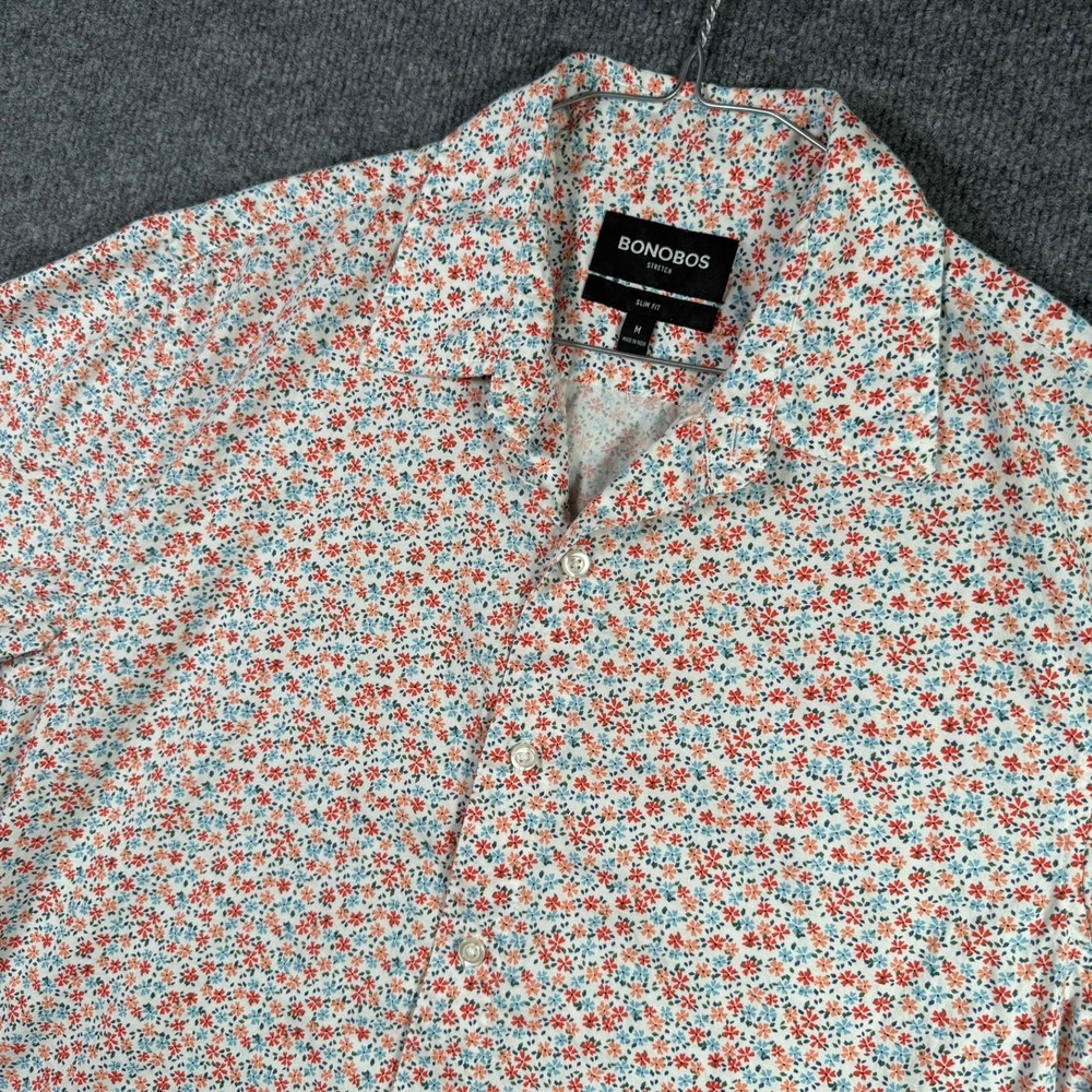 Bonobos Button Down Shirt Mens Medium White Floral Stretch Slim Fit Short Sleeve